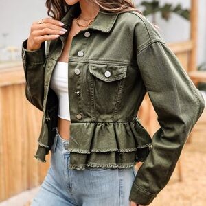 Olive Ruffle Raw Hem Denim Jacket